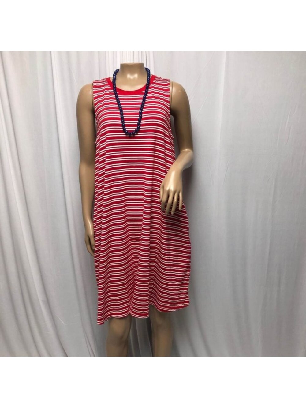 Time and Tru Dress Womens Sz Large Red White Sleeveless Shift Pockets Comfy NEW